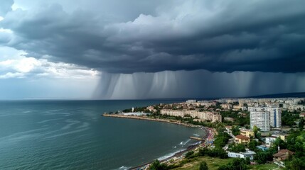Fototapeta premium aerial shot of a cloud with rain approaching an island