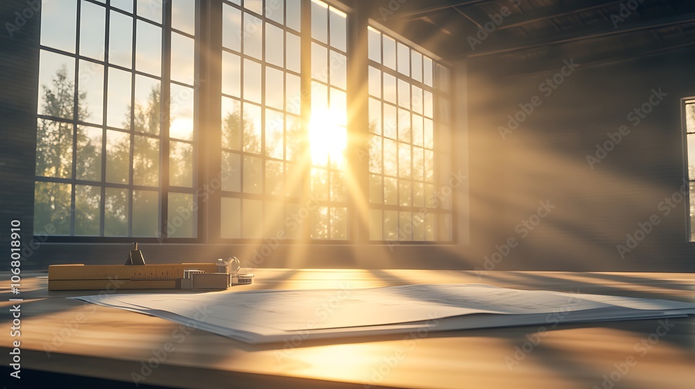 Aufkleber A serene workspace with sunlight streaming through large windows, illuminating architectural blueprints on a wooden table.