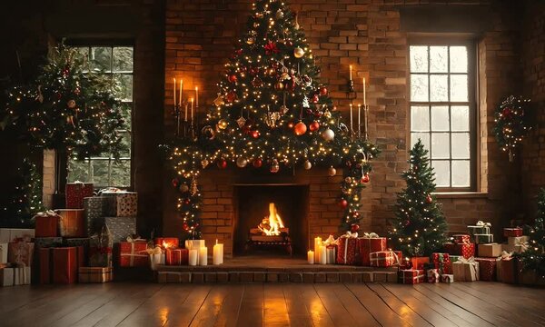 A cozy Christmas living room with a decorated tree, fireplace, and lots of presents under the tree. The scene is lit by warm lights, creating an inviting atmosphere. 