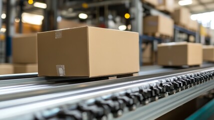 .Closeup of multiple cardboard box packages seamlessly moving along a conveyor - ai