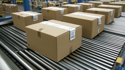.Closeup of multiple cardboard box packages seamlessly moving along a conveyor - ai