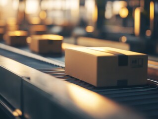 .Closeup of multiple cardboard box packages seamlessly moving along a conveyor - ai
