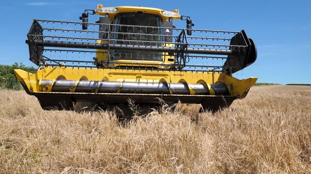 Farmer sitting comfortably in a combine harvester, overseeing the efficient processing of a barley field, representing the human element in mechanized farming