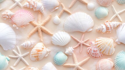 Close-up image of seashells and starfish on a sandy beach.