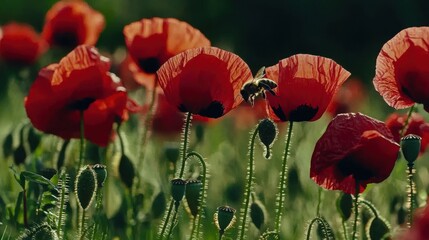 Obraz premium Vibrant Poppies with Bee in Natural Spring Setting