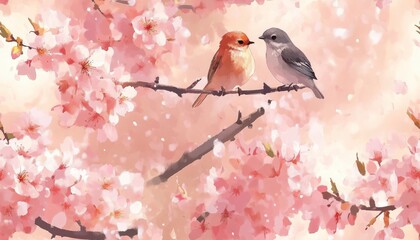 Two birds perched on a branch of a cherry blossom tree.