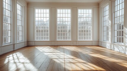 Obraz premium An empty white room featuring wooden floors and large windows, symbolizing a versatile interior space ready for product branding, creative showcases, or interior design projects.