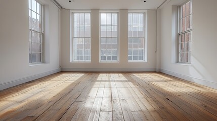 Fototapeta premium An empty white room featuring wooden floors and large windows, symbolizing a versatile interior space ready for product branding, creative showcases, or interior design projects.