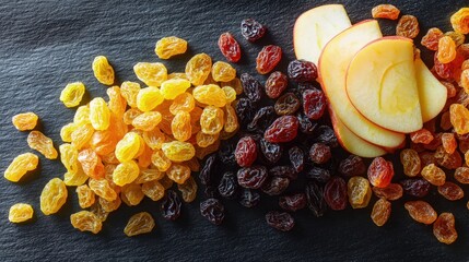 A mix of dried fruits, including golden raisins, dried cherries, and apple slices, artfully placed on a dark slate background, highlighting the vivid colors and textures of each fruit.