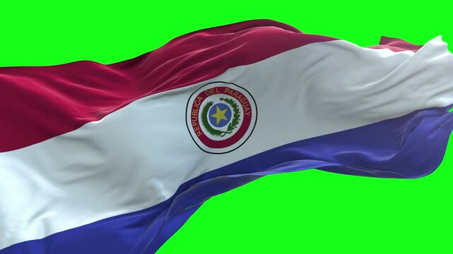 Paraguay flag - 3D realistic waving flag on green screen background for chroma key