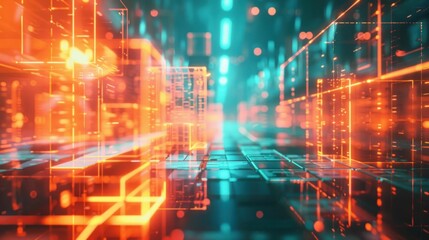 Abstract digital background, futuristic data visualization, glowing patterns in orange and blue colors, depicting a technological and cybernetic environment