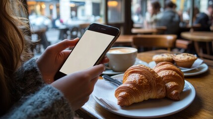 hands of a woman holding a cell phone with a white screen on a table in a bakery with bread on the table