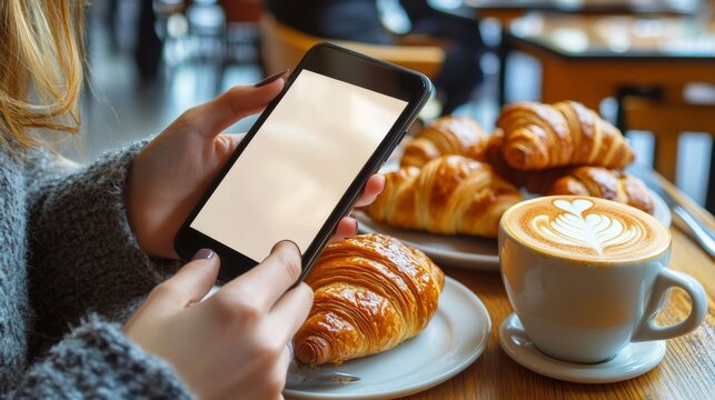 hands of a woman holding a cell phone with a white screen on a table in a bakery with bread on the table