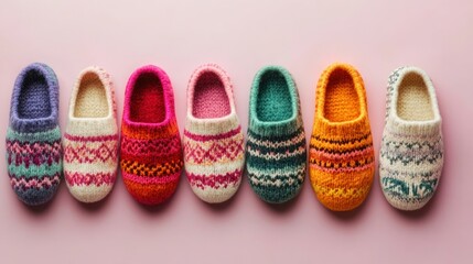 Colorful wool slippers with Nordic patterns, isolated on a pastel background