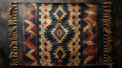 Colorful traditional geometric pattern on a woven ethnic rug with fringed edges, featuring earthy tones and intricate designs.