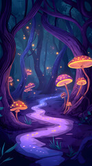 A winding path through a mystical forest at night, illuminated by glowing mushrooms and fireflies.