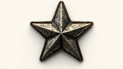 Obraz premium Detailed metallic star icon, viewed from above in 3D, set on a plain white background for a clean look.