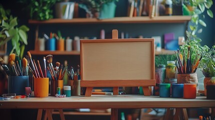 mini wooden billboard nestled among art supplies on a natural wood shelf in a craft store, with paints, brushes, and crafting materials surrounding it, evoking a creative, rustic aesthetic