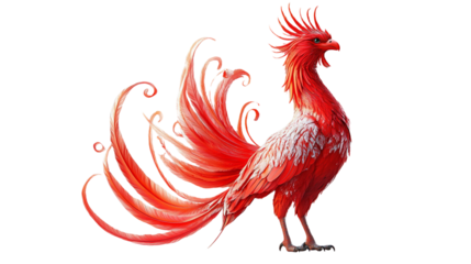 A red bird with a long tail and white feathers