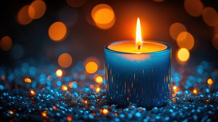 Blue candle burning on a dark background with soft lights, symbolizing spiritual practices or Christmas and Chanukah celebrations.