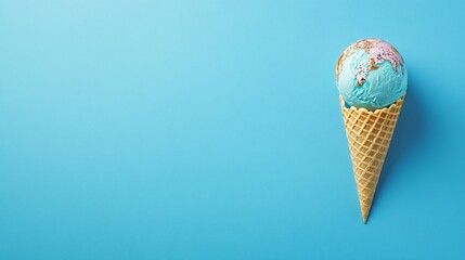 A miniature globe sits in a waffle cone against a bright blue background, symbolizing the concept of global warming and melting ice caps.
