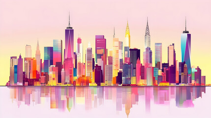 Obraz premium Colorful skyline of New York City with reflection in the water.
