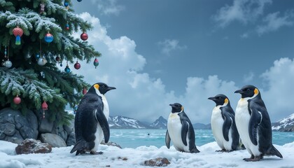 Fototapeta premium Emperor penguins by Christmas tree in snowy landscape