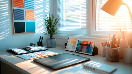 Fototapeta premium Minimalist workspace with tablet, color swatches, and a plant.