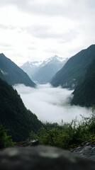Fototapeta premium Misty mountain valley with fog rolling through.