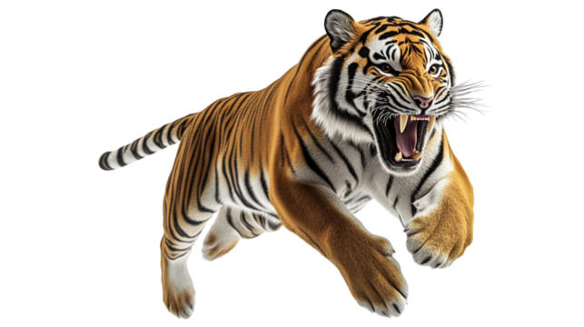 A tiger is leaping through the air with its mouth open, showing its teeth