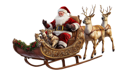 A santa with reindeer pulling him on a sleigh