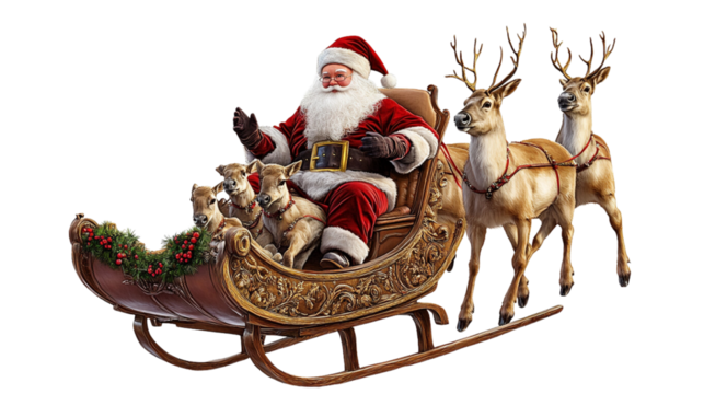 A santa with reindeer pulling him on a sleigh