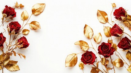 A vibrant arrangement of dried red roses and golden leaves placed delicately on a clean white background, creating a striking contrast with subtle shadowing.