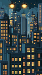 Night cityscape with skyscrapers and streetlights.