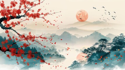 Serene traditional Asian landscape painting featuring mountains, a river, birds, and a cherry blossom tree under a glowing sunset.