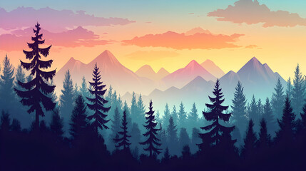 Silhouette of a forest at sunset with a colorful mountain range in the background.