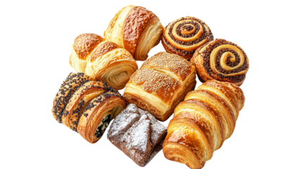 A variety of pastries, including croissants, doughnuts, and cinnamon rolls