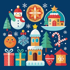 a christmas scene with a red background with a christmas tree and decorations.