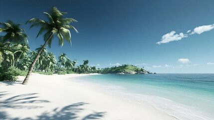 Obraz premium Tropical beach with white sand, palm trees, and turquoise water.