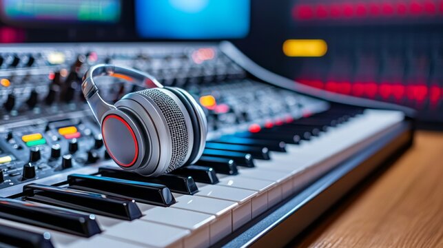Modern Music Production Setup with Headphones and Keys