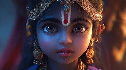 Portrait of Cute Lord Krishna, 8K Realistic Lighting, Highly Detailed