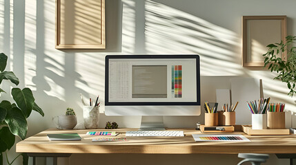 A clean and modern home office workspace with a computer, desk, plants, and sunlight streaming through the window.