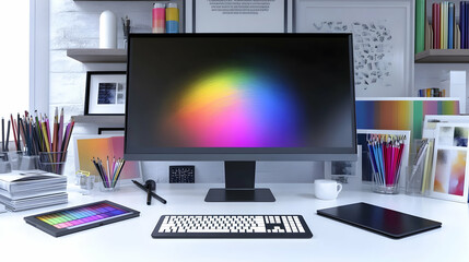 A clean, minimalist workspace with a computer displaying a color wheel, surrounded by art supplies.