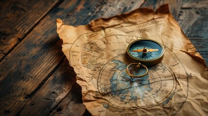 Vintage compass on an ancient map, evoking a sense of adventure and exploration, set on a rustic wooden background.