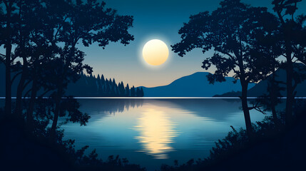 Fototapeta premium A serene lake scene at night with a full moon rising above the horizon, reflecting on the water.