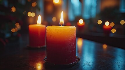 Church candles burning in the dark, representing prayer and memorial traditions for Christmas or religious holidays.