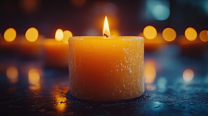 Church candles burning in the dark, representing prayer and memorial traditions for Christmas or religious holidays.