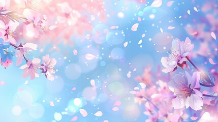 Beautiful cherry blossoms in full bloom with petals falling against a soft pastel background