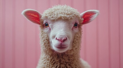 Obraz premium Close-up of a sheep's head against a pastel pink background, symbolizing farming, ideal for agriculture-themed posters or banners.
