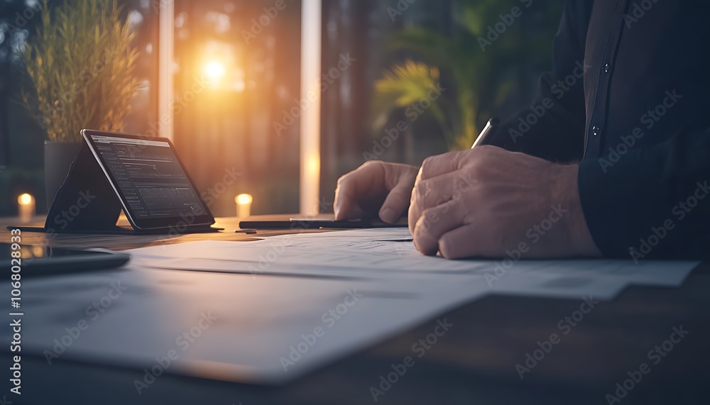 Poster a person writes notes on papers with a tablet beside them, as daylight filters through a window, cre